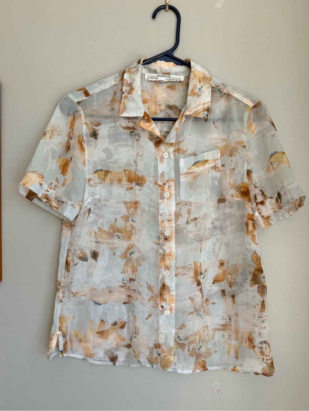 ALLSAINTS Sheer Abstract Print Short Sleeve Button Up Shirt US 4 (new)
